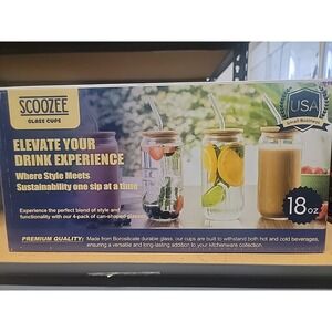 Scoozee Glass Cups with Bamboo Lids and Straws 16oz Set of 4 Iced Coffee Cup New